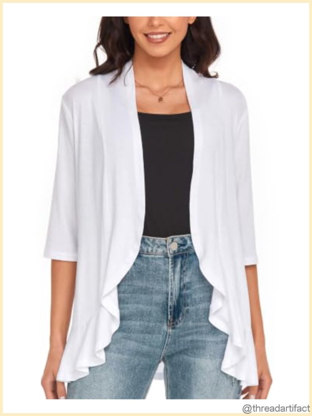 Lightweight Open Front 3/4 Sleeve Ruffle Hem Cardigan
